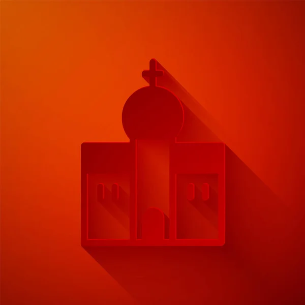 Papiergeschnittene Ikone Des Kirchenbaus Isoliert Auf Rotem Hintergrund Christliche Kirche — Stockvektor