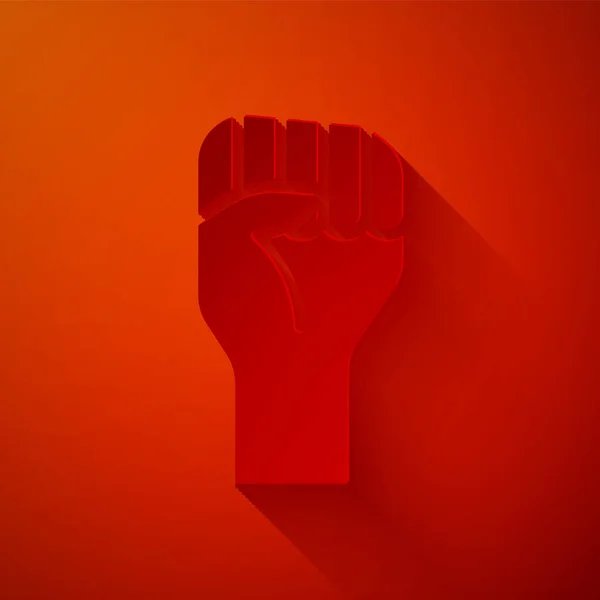 Paper Cut Raised Hand Clenched Fist Icon Isolated Red Background — Stock Vector