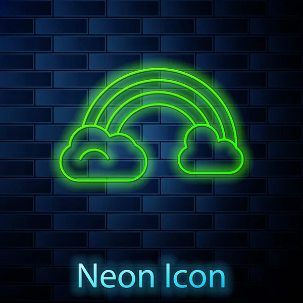 Zářící Neonová Čára Duha Ikonou Mraků Izolovaných Pozadí Cihlové Zdi — Stockový vektor