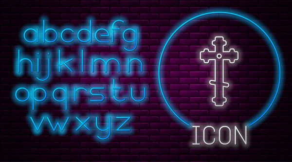 Ragyogó Neon Vonal Keresztény Kereszt Ikon Elszigetelt Téglafal Háttér Templomi — Stock Vector