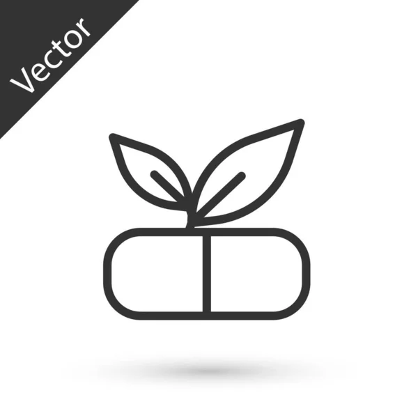 Línea Gris Píldora Médica Con Icono Planta Aislada Sobre Fondo — Vector de stock