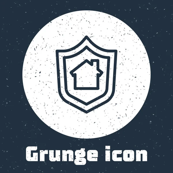 Grunge Line Casa Con Icono Escudo Aislado Sobre Fondo Gris — Vector de stock