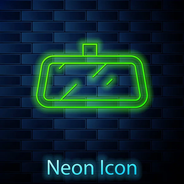 Glowing Neon Line Car Mirror Icon Isolated Brick Wall Background — Stock Vector