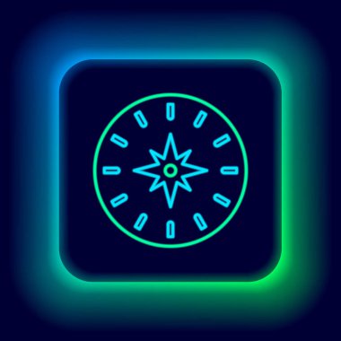 Parlayan neon hattı pusula simgesi siyah arkaplanda izole edildi. Rüzgâr yön bulma sembolü. Rüzgar gül işareti. Renkli taslak konsepti. Vektör