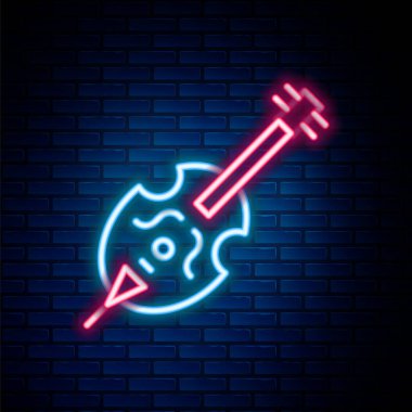 Parlayan neon hattı keman simgesi tuğla duvar arkasında izole edildi. Müzik aleti. Renkli taslak konsepti. Vektör
