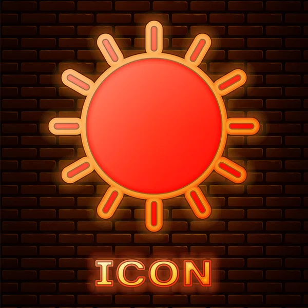 Glowing Neon Sun Icon Isolated Brick Wall Background Summer Symbol — Stock Vector