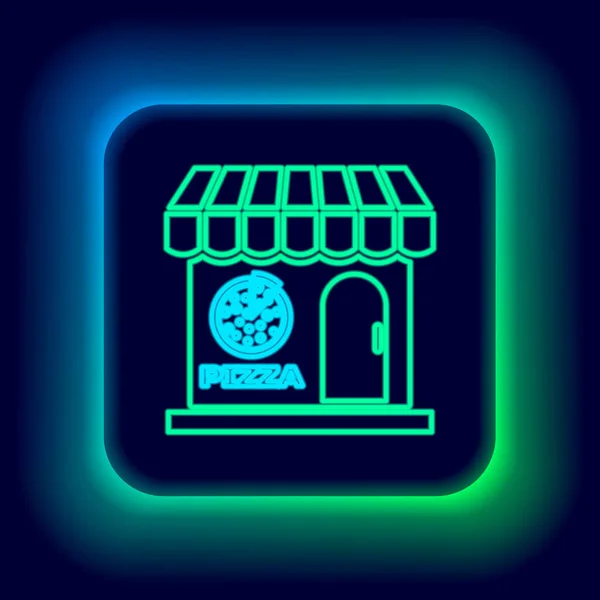 Gloeiende Neon Lijn Pizzeria Gebouw Gevel Pictogram Geïsoleerd Zwarte Achtergrond — Stockvector