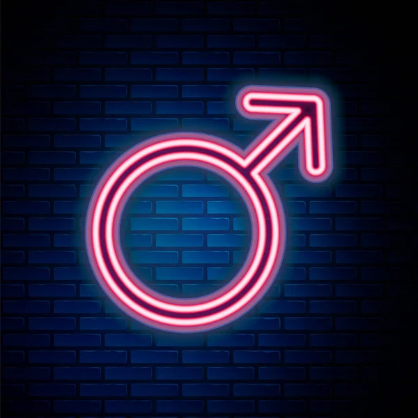 Glowing Neon Line Male Gender Symbol Icon Isolated Brick Wall — Stock Vector