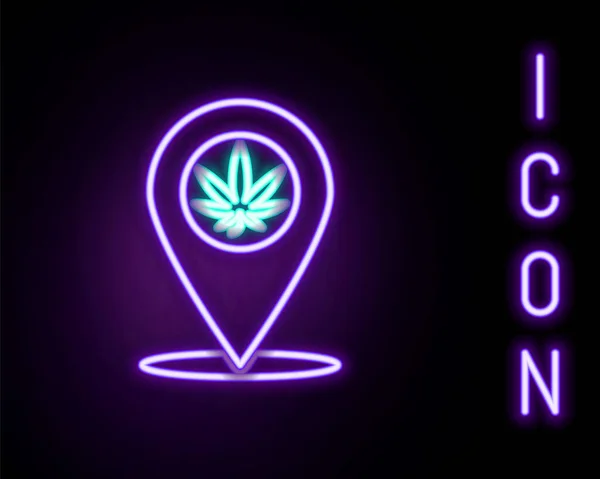 Línea Neón Brillante Puntero Mapa Marihuana Icono Hoja Cannabis Aislado — Vector de stock