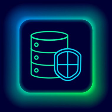 Siyah arkaplanda izole edilmiş kalkan simgesi ile parlayan neon hattı sunucusu. Saldırılara karşı koruma. Ağ güvenlik duvarı, yönlendirici, anahtar, veri. Renkli taslak konsepti. Vektör