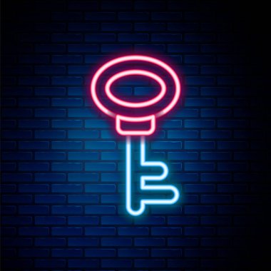 Parlayan neon hattı ev anahtarı simgesi tuğla duvar arka planında izole edildi. Renkli taslak konsepti. Vektör