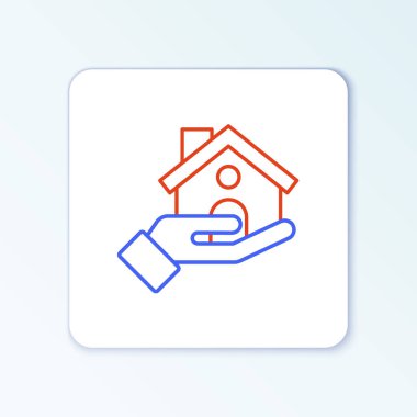 Beyaz arka planda kalkan simgesi olan Hat Alışveriş Binası. Sigorta konsepti. Güvenlik, güvenlik, koruma, konsept koruma. Renkli taslak konsepti. Vektör