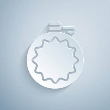 Kağıt kesiği, gri arka planda izole edilmiş kantin su şişesi simgesi. Turist matarası ikonu. Kampanyada bir kavanoz su kullanıldı. Kağıt sanatı tarzı. Vektör.