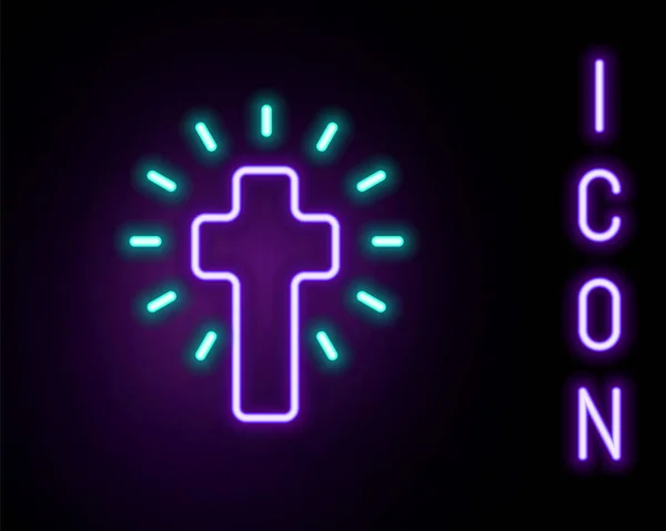 Gloeiende Neon Lijn Christelijke Kruis Pictogram Geïsoleerd Zwarte Achtergrond Kerkkruis — Stockvector