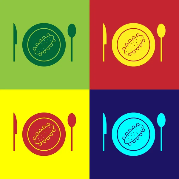 Pop Art Served Ogórek Ikonie Płyty Izolowane Tle Koloru Jedzenie — Wektor stockowy