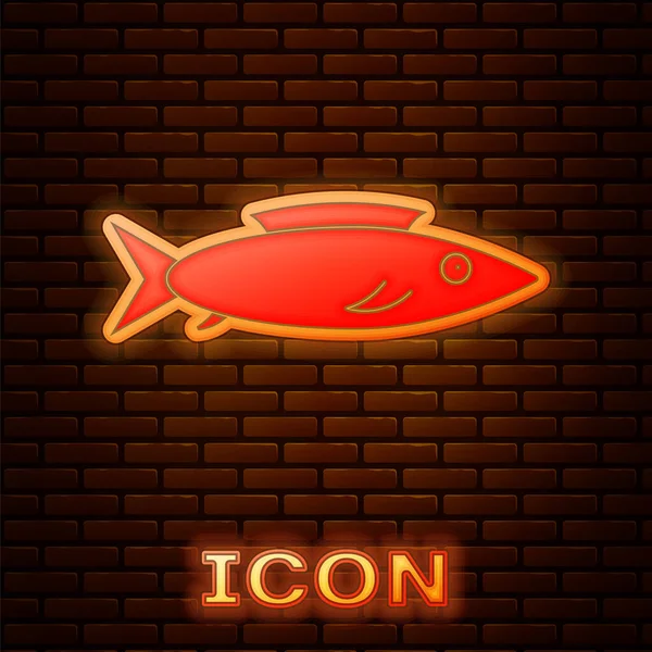 Icono Pescado Neón Brillante Aislado Fondo Pared Ladrillo Vector — Vector de stock