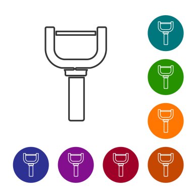 Siyah çizgi Peeler simgesi beyaz arkaplanda izole edildi. Sebze temizlemek için bıçak. Mutfak eşyası, alet edevat. Simgeleri renk daire düğmelerine ayarla. Vektör.