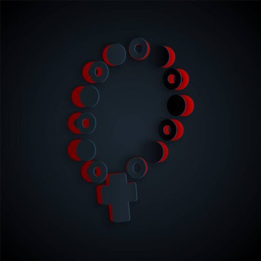 Kağıt kesiği tespih, siyah arka planda izole edilmiş din ikonu. Kağıt sanatı tarzı. Vektör.