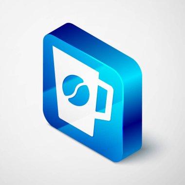 Gri arkaplanda izole edilmiş Isometric Kahve fincanı ikonu. Çay fincanı. Sıcak içecek kahvesi. Mavi kare düğme. Vektör.