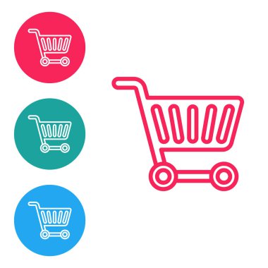Kırmızı çizgi alışveriş arabası simgesi beyaz arkaplanda izole edildi. İnternetten satın alma konsepti. Servis tabelası. Süpermarket sepeti sembolü. Simgeleri daire düğmelerine ayır. Vektör İllüstrasyonu.