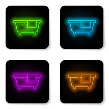 Parlayan neon hattı küvet simgesi beyaz arkaplanda izole edildi. Siyah kare düğme. Vektör.