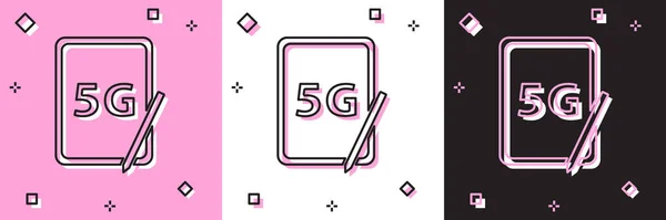 设置图形平板与5G无线互联网Wifi图标隔离在粉红色和白色 黑色背景 全球网络高速连接数据速率技术 — 图库矢量图片