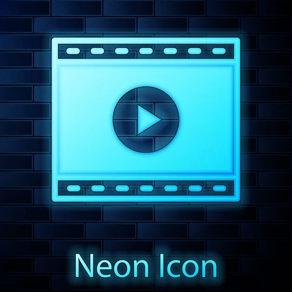 Brilhante Neon Online Jogar Ícone Vídeo Isolado Fundo Parede Tijolo — Vetor de Stock