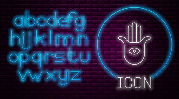 Gloeiende Neon Lijn Hamsa Hand Pictogram Geïsoleerd Baksteen Muur Achtergrond — Stockvector