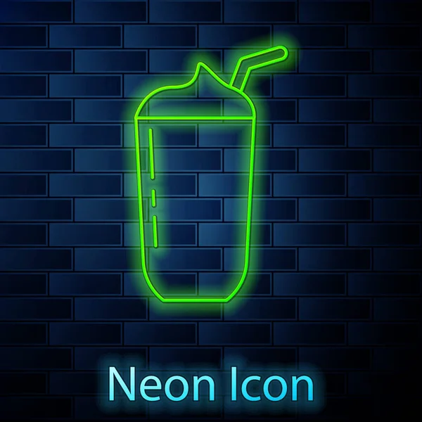 Leuchtende Neon Linie Milkshake Symbol Isoliert Auf Backsteinwand Hintergrund Plastikbecher — Stockvektor