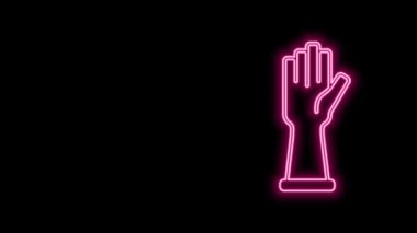 Parlayan neon çizgisi lastik eldiven ikonu siyah arka planda izole edildi. Lateks el koruması işareti. Ev işi temizlik ekipmanları sembolü. 4K Video hareketli grafik canlandırması
