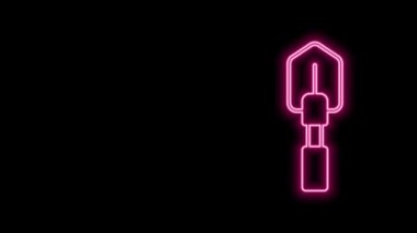 Parlayan neon hattı kürek simgesi siyah arkaplanda izole edildi. Bahçe aletleri. Bahçecilik, tarım, çiftçilik aleti. 4K Video hareketli grafik canlandırması