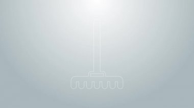 Mavi çizgi bahçe tırmık simgesi gri arkaplanda izole edildi. Bahçecilik, tarım, çiftçilik aleti. Toprak işçisi. Temizlik ekipmanları. 4K Video hareketli grafik canlandırması