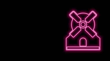 Parlayan neon hattı yel değirmeni simgesi siyah arkaplanda izole edildi. 4K Video hareketli grafik canlandırması