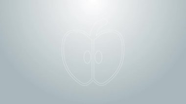Mavi çizgi Apple simgesi gri arkaplanda izole edildi. Yaprak sembollü meyve. 4K Video hareketli grafik canlandırması