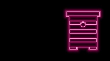 Siyah arka planda izole edilmiş arılar için parlayan neon hattı Kovan. Arı kovanı sembolü. Apiary ve arı yetiştiriciliği. Tatlı doğal yemek. 4K Video hareketli grafik canlandırması