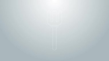 Mavi çizgili bahçe dirgen simgesi gri arkaplanda izole edilmiş. Bahçe çatalı işareti. Bahçecilik, tarım, çiftçilik aleti. 4K Video hareketli grafik canlandırması