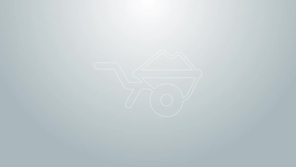 Modrá čára Kolečko s ikonou nečistot izolované na šedém pozadí. Nástrojové vybavení. Zemědělský vozík. Grafická animace pohybu videa 4K — Stock video