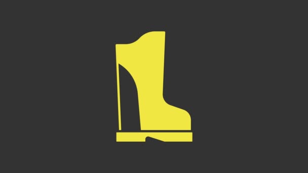 Giallo Impermeabile icona stivali di gomma isolato su sfondo grigio. Scarpe da ginnastica per tempo piovoso, pesca, giardinaggio. Animazione grafica 4K Video motion — Video Stock