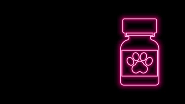 Glow néon ligne bouteille de médecine et pilules icône isolée sur fond noir. Conteneur avec pilules. Médicaments sur ordonnance pour animaux. Animation graphique de mouvement vidéo 4K — Video