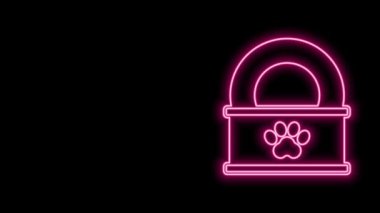 Parlayan neon hattı siyah arka planda izole edilmiş konserve yiyecek ikonu. Hayvanlar için yiyecek. Evcil hayvan yiyeceği kutusu. 4K Video hareketli grafik canlandırması