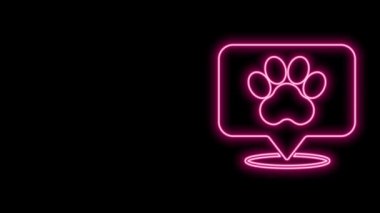 Siyah arka planda izole edilmiş hayvan ikonu için veterinerlik, klinik ya da evcil hayvan dükkanı olan parlak neon hattı haritası. Veteriner kliniği. 4K Video hareketli grafik canlandırması