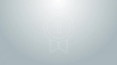 Mavi çizgi köpek ödül sembolü gri arkaplanda izole edildi. Köpek ayak izli madalya, evcil hayvan sergisinin kazanan konsepti. 4K Video hareketli grafik canlandırması