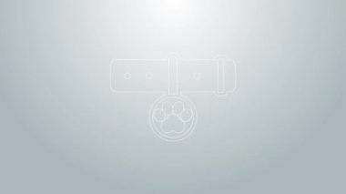 Gri arkaplanda isim etiketi simgesi olan mavi çizgi yaka. Evcil hayvan malzemeleri. Köpek ya da kedi pençesi izi. Kedi köpek bakımı. Evcil hayvan zincirleri. 4K Video hareketli grafik canlandırması