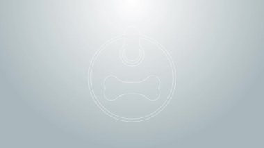 Gri arka planda isim etiketi ve kemik plağı simgesi olan mavi çizgili köpek tasması. Evcil hayvan malzemeleri. Kedi köpek bakımı. Evcil köpek zincirleri. 4K Video hareketli grafik canlandırması