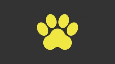 Sarı Paw yazdırma simgesi gri arkaplanda izole edildi. Köpek ya da kedi pençesi izi. Hayvan izleri. 4K Video hareketli grafik canlandırması