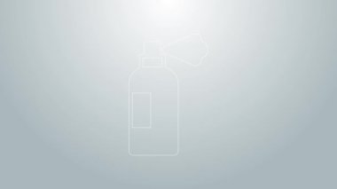 Gri arkaplanda mavi çizgi halinde evcil hayvan şampuanı ikonu var. Evcil hayvan bakım işareti. Köpek temizleme sembolü. 4K Video hareketli grafik canlandırması