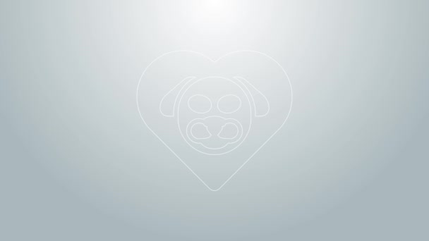 Línea azul Corazón con icono de perro aislado sobre fondo gris. Pata de mascota en el corazón. Amor a los animales. Animación gráfica de vídeo 4K — Vídeo de stock