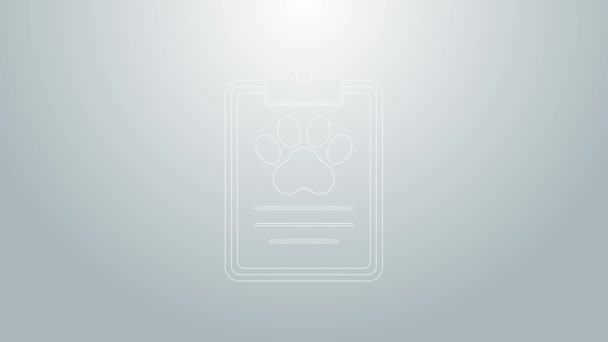 Blue line Clipboard with medical clinical record pet icon isolated on grey background. Health insurance form. Medical check marks report. 4K Video motion graphic animation — Stock Video