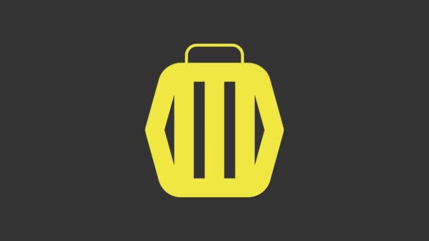 Icono del estuche amarillo para mascotas aislado sobre fondo gris. Portador para animales, perros y gatos. Contenedor para animales. Caja de transporte de animales. Animación gráfica de vídeo 4K — Vídeo de stock