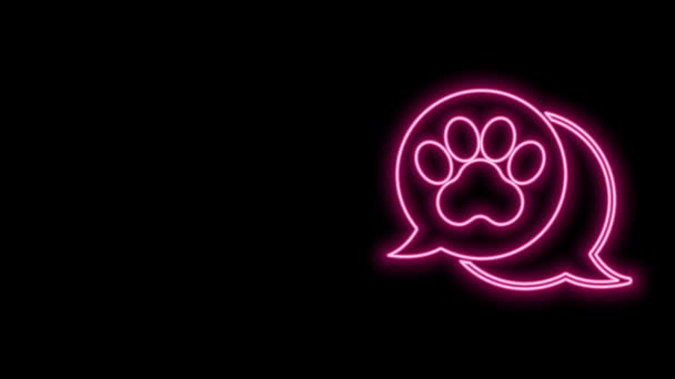 Glowing neon line Paw print icon isolated on black background. Dog or cat paw print. Animal track. 4K Video motion graphic animation — Stock Video